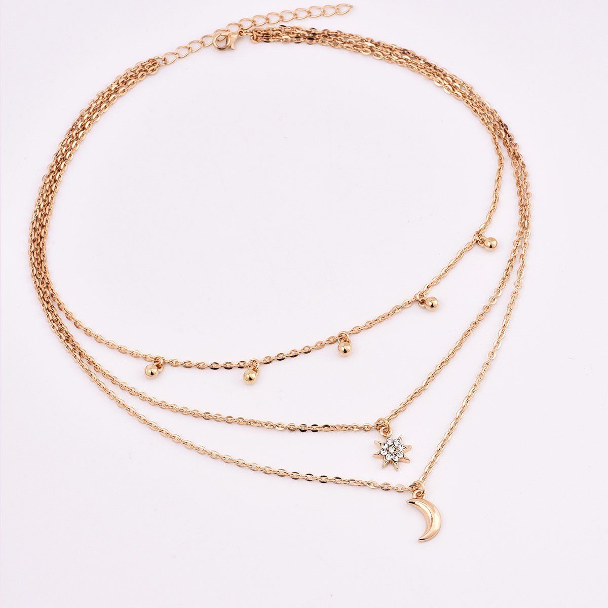 Moon Star Bead Three Layer Necklace – Crescent Moon & Star Layered Jewelry