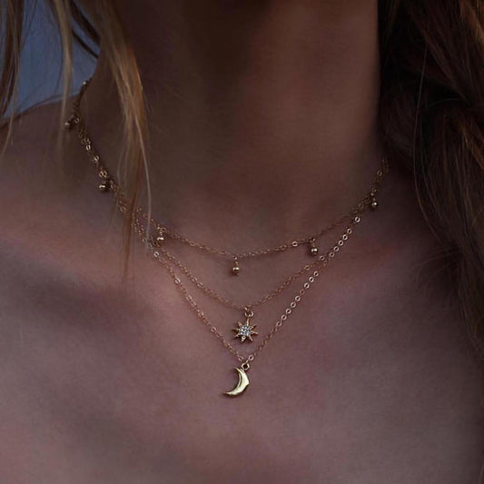 Moon Star Bead Three Layer Necklace – Crescent Moon & Star Layered Jewelry